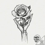 Skeletal hand delicately holding a single, pe… – tattoo sketch (№1752636884_0, 16.07.2025 03:34) — tattoovalue.net