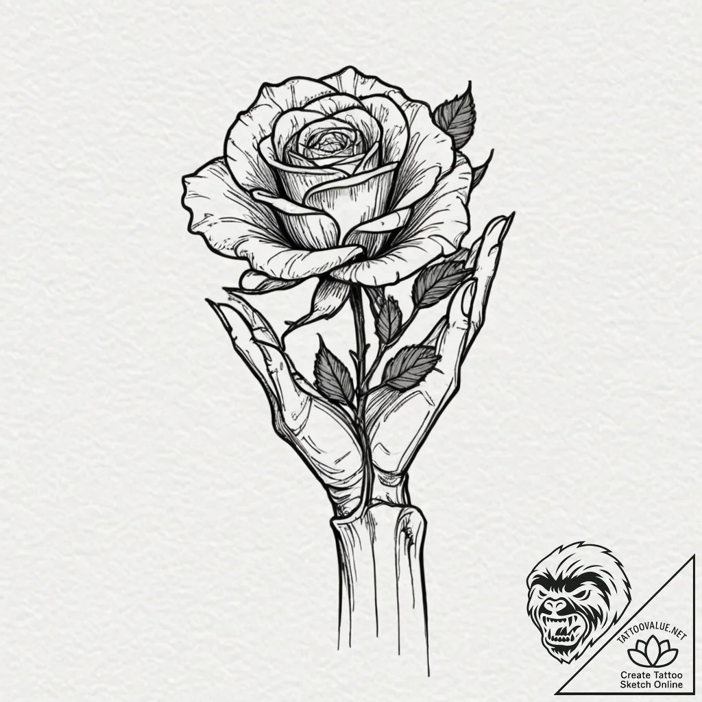 Skeletal hand delicately holding a single, pe... - tattoo sketch (№1752636884_0, 16.07.2025 03:34) — tattoovalue.net