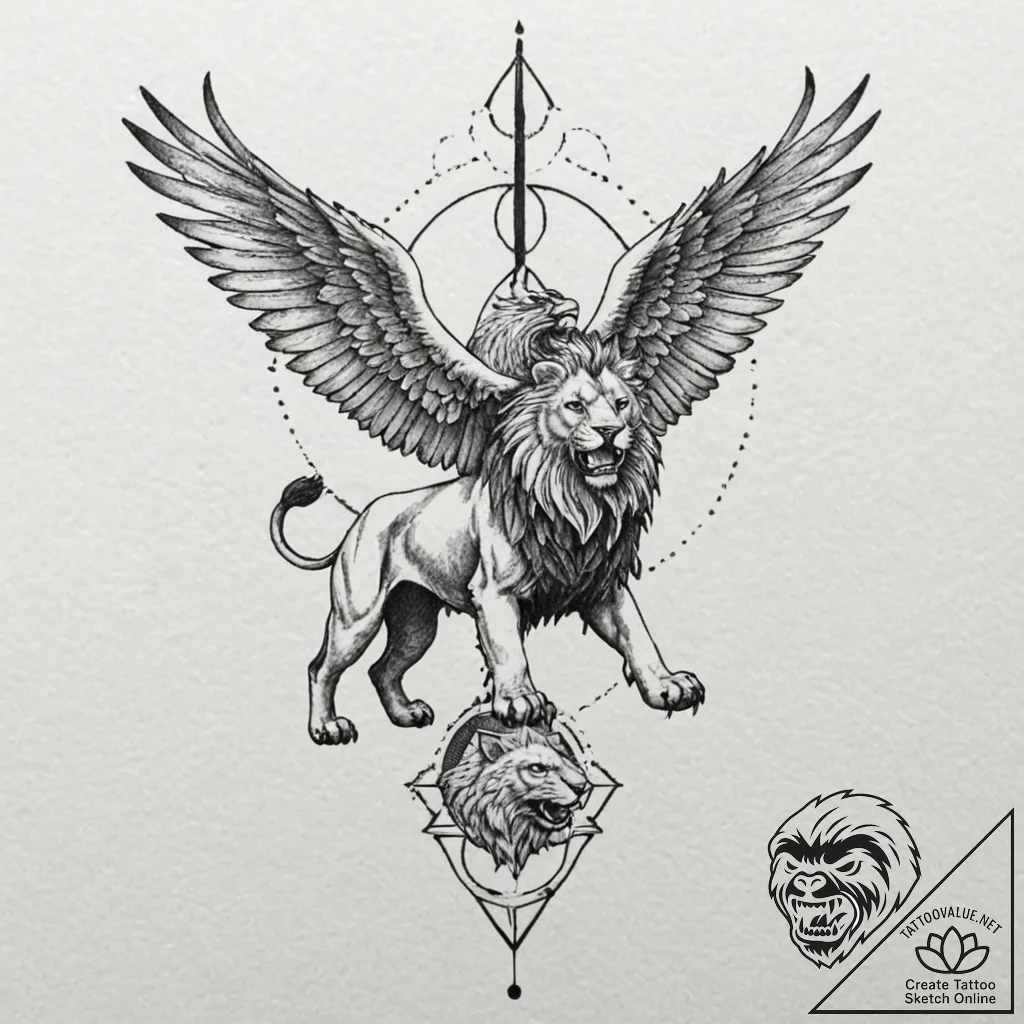 Griffin with the body of a lion and the head... - tattoo sketch (№1752637192_0, 16.07.2025 03:39) — tattoovalue.net