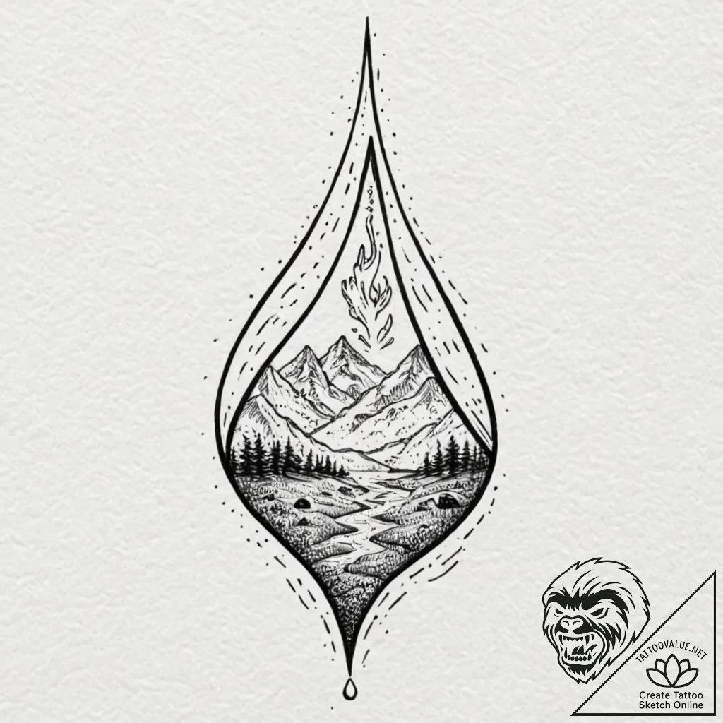 Tear drop reflecting a burning world, ink ill... - tattoo sketch (№1752637423_0, 16.07.2025 03:43) — tattoovalue.net