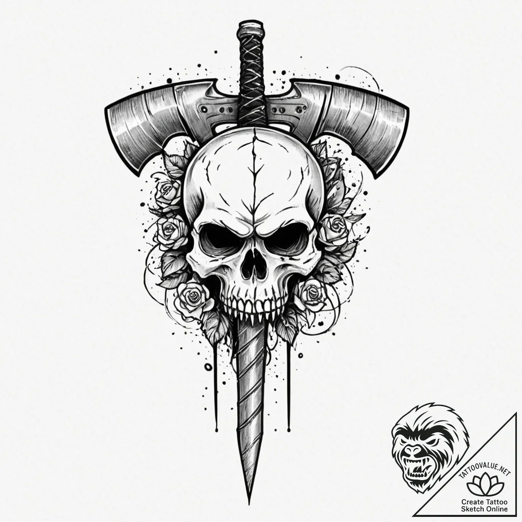 Tattoo sketch a barbarian's axe with a skull... - tattoo sketch (№1752647491_0, 16.07.2025 06:31) — tattoovalue.net
