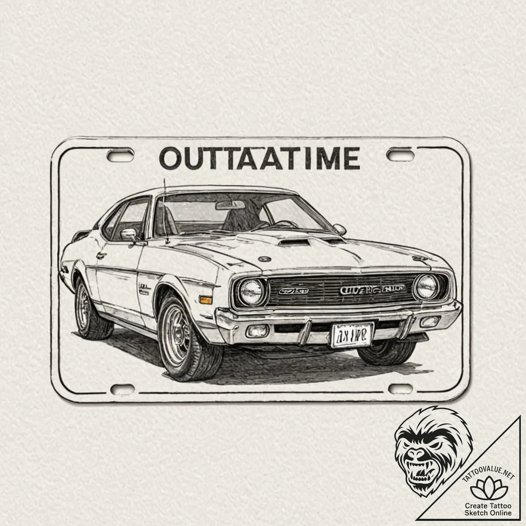 A linework tattoo of the "outatime" license p... - tattoo sketch (№1752649449_0, 16.07.2025 07:04) — tattoovalue.net