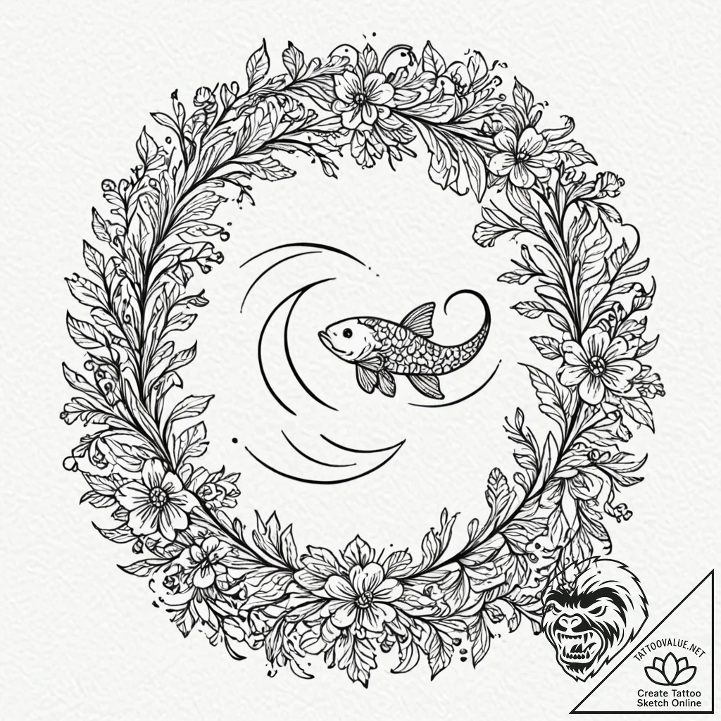 Tattoo design pisces symbols created from flo... - tattoo sketch (№1752650426_0, 16.07.2025 07:20) — tattoovalue.net
