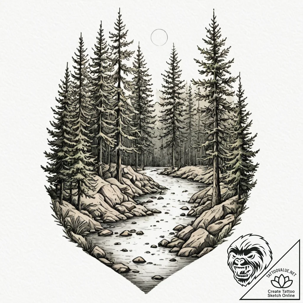 Forest, ink illustration for tattoo, muted co... - tattoo sketch (№1752650834_0, 16.07.2025 07:27) — tattoovalue.net