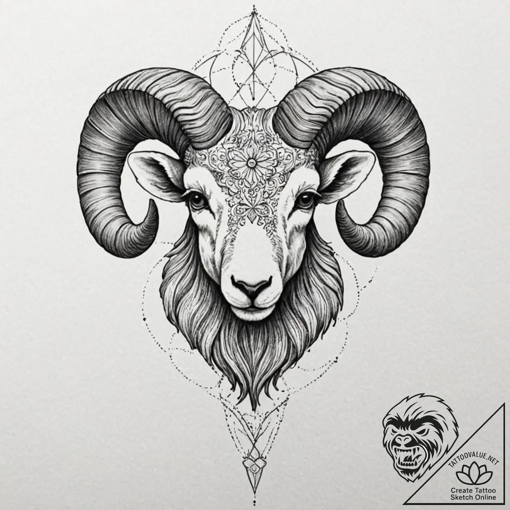 Tattoo sketch an aries ram's head in intricat... - tattoo sketch (№1752651238_0, 16.07.2025 07:33) — tattoovalue.net