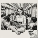 A young woman reading a book on a crowded tok… – tattoo sketch (№1752653034_0, 16.07.2025 08:03) — tattoovalue.net