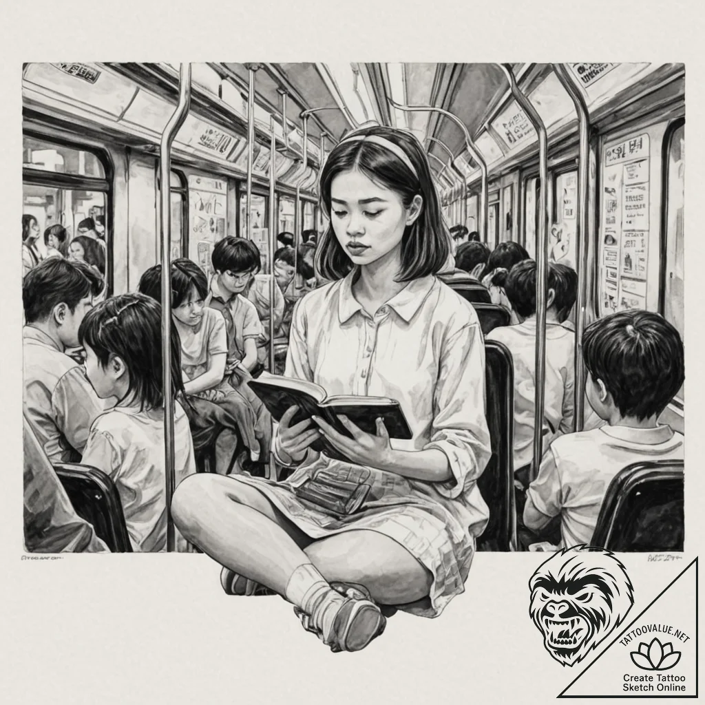 A young woman reading a book on a crowded tok... - tattoo sketch (№1752653034_0, 16.07.2025 08:03) — tattoovalue.net