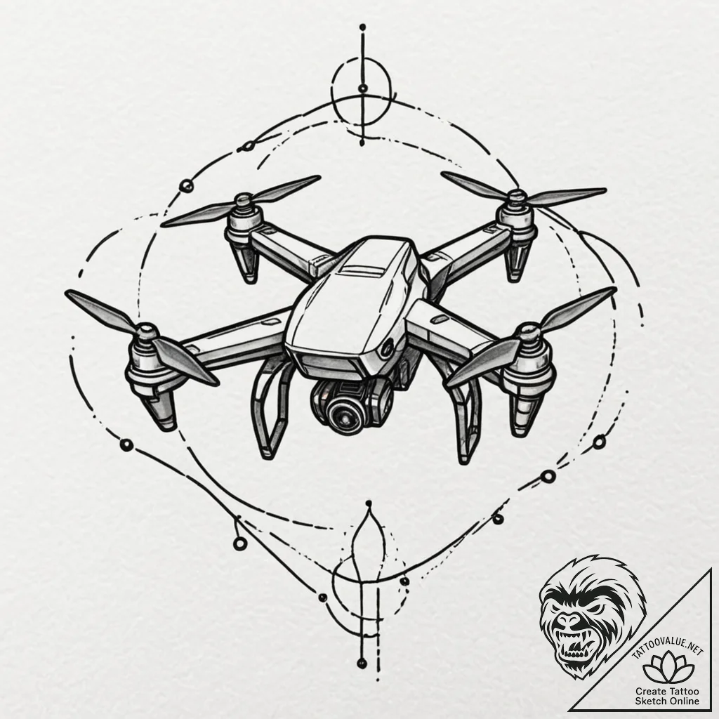 Tattoo sketch a small, stylized drone with gl... - tattoo sketch (№1752653690_0, 16.07.2025 08:14) — tattoovalue.net