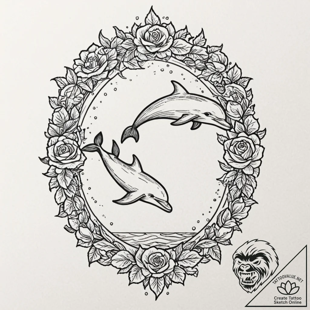 A playful dolphin leaping out of the ocean wa... - tattoo sketch (№1752658244_0, 16.07.2025 09:30) — tattoovalue.net