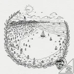 A crowded beach scene, shot from a high angle… – tattoo sketch (№1752659988_0, 16.07.2025 09:59) — tattoovalue.net