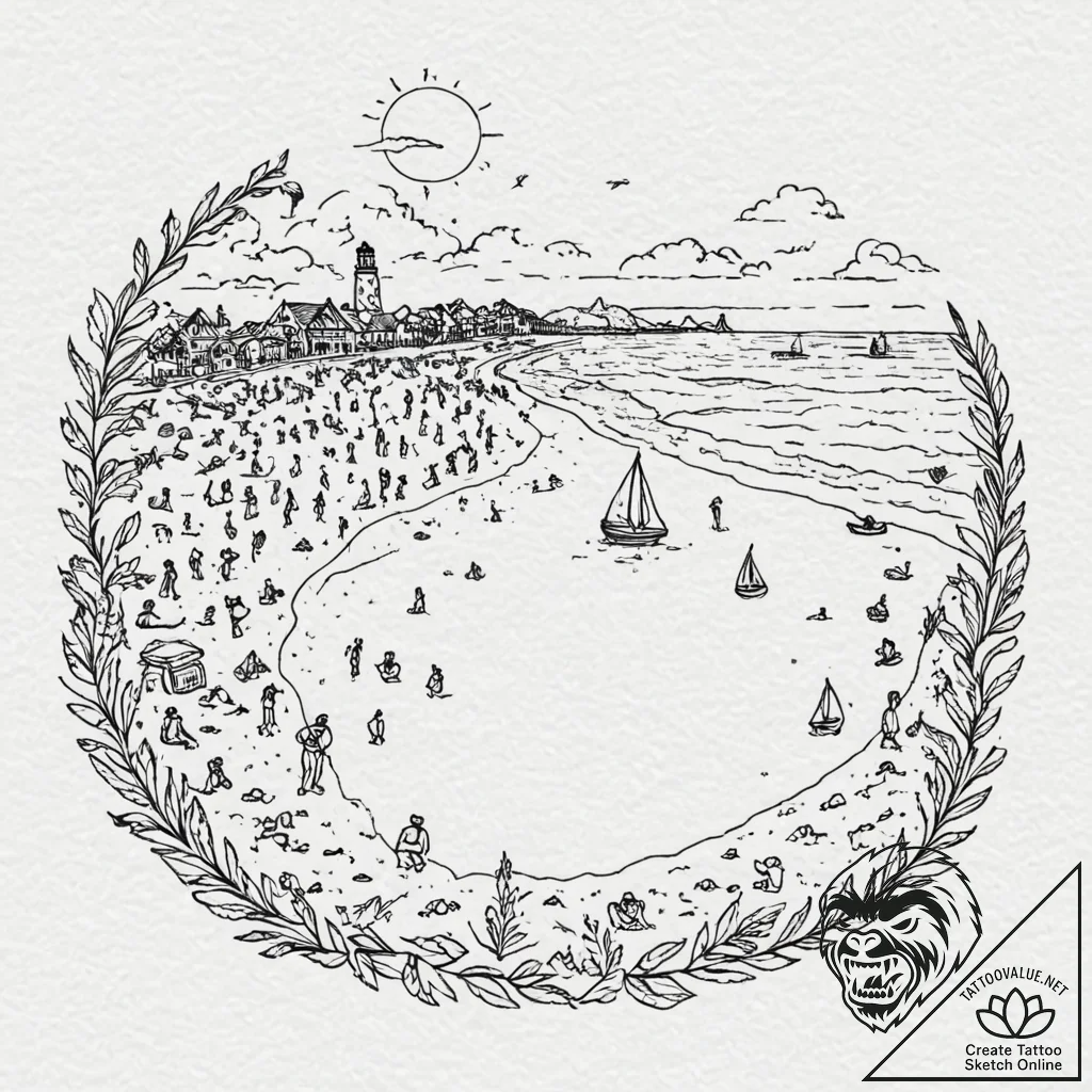 A crowded beach scene, shot from a high angle... - tattoo sketch (№1752659988_0, 16.07.2025 09:59) — tattoovalue.net