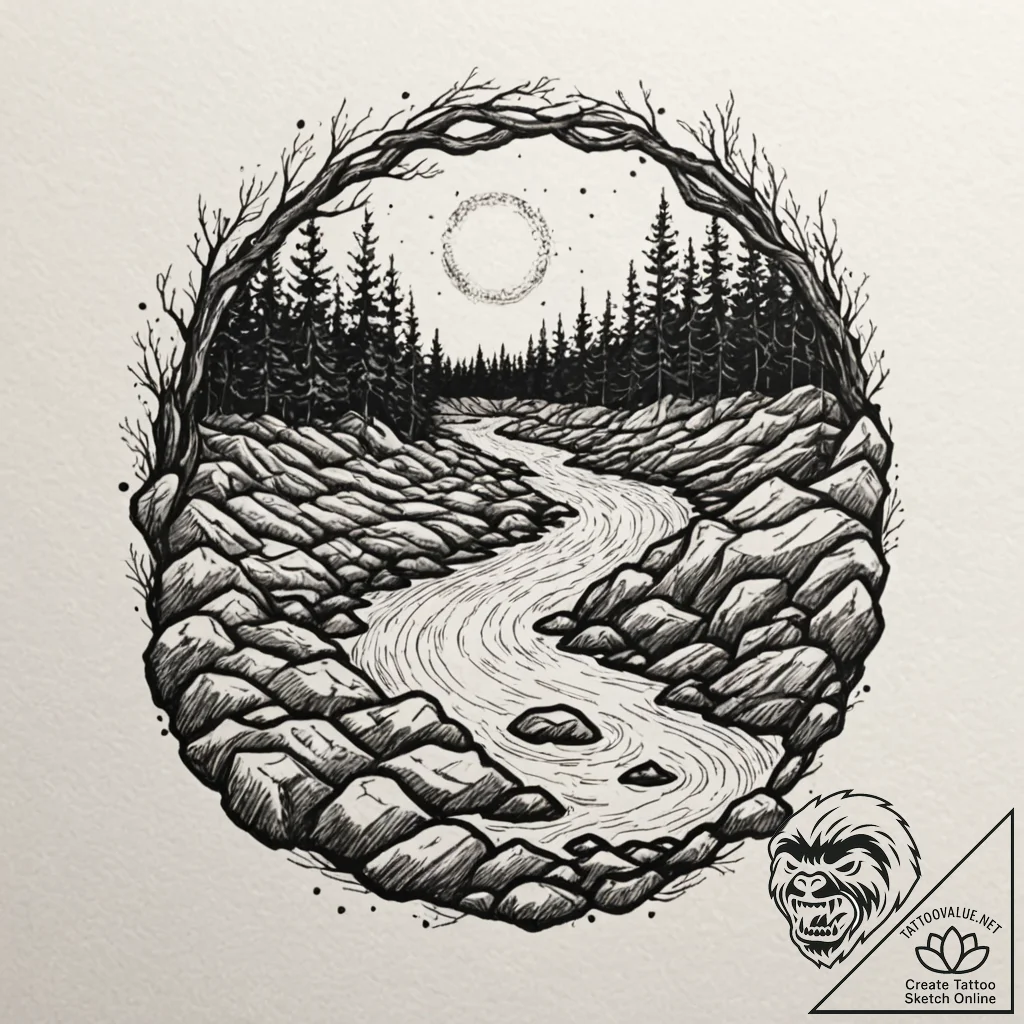 Tattoo design a flowing river carving its way... - tattoo sketch (№1752661479_0, 16.07.2025 10:24) — tattoovalue.net