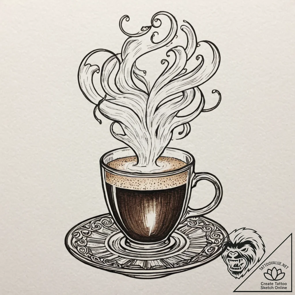A close-up of a steaming espresso shot being... - tattoo sketch (№1752662101_0, 16.07.2025 10:35) — tattoovalue.net