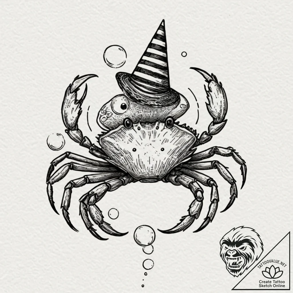 Tattoo design a cancer crab wearing a tiny pa... - tattoo sketch (№1752664793_0, 16.07.2025 11:19) — tattoovalue.net