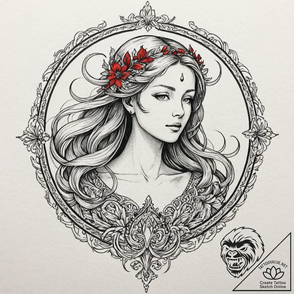 Tattoo design a virgo maiden, depicted in a d... - tattoo sketch (№1752665739_0, 16.07.2025 11:35) — tattoovalue.net
