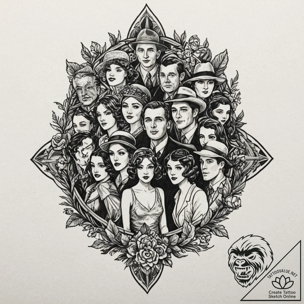 A realistic, 1920s style black and white phot... - tattoo sketch (№1752670926_0, 16.07.2025 13:02) — tattoovalue.net