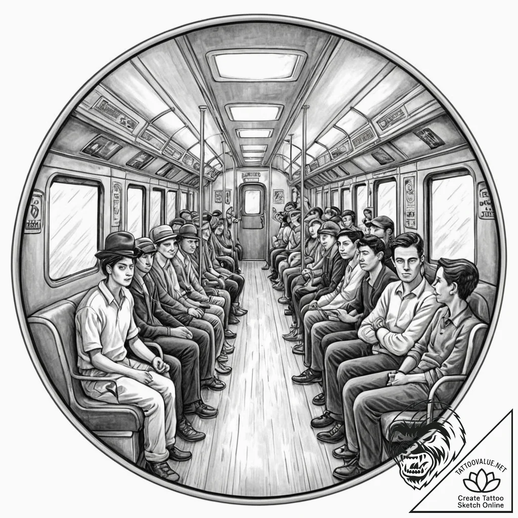 The interior of a subway car during rush hour... - tattoo sketch (№1752671927_0, 16.07.2025 13:18) — tattoovalue.net