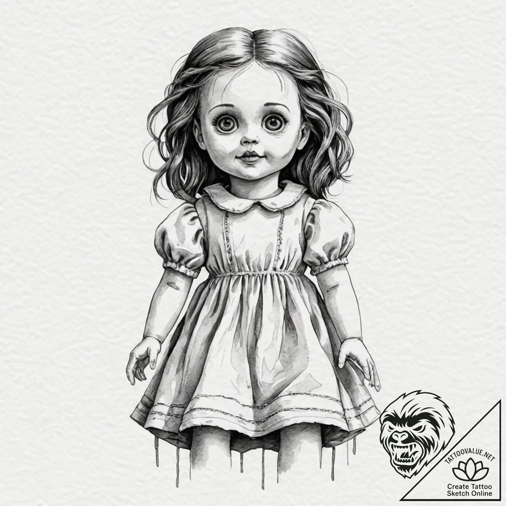 A watercolor sketch of the creepy doll from p... - tattoo sketch (№1752673065_0, 16.07.2025 13:37) — tattoovalue.net