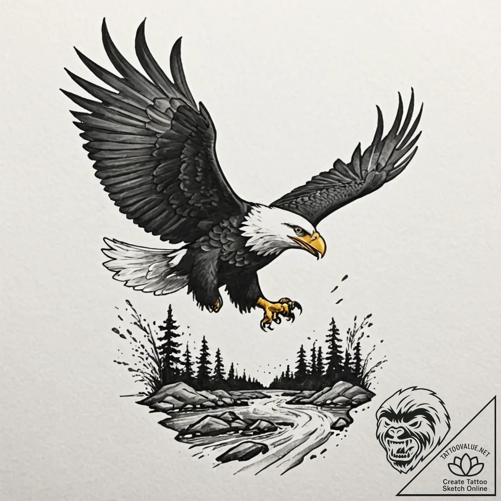 An eagle in flight, talons outstretched, abou... - tattoo sketch (№1752673144_0, 16.07.2025 13:39) — tattoovalue.net