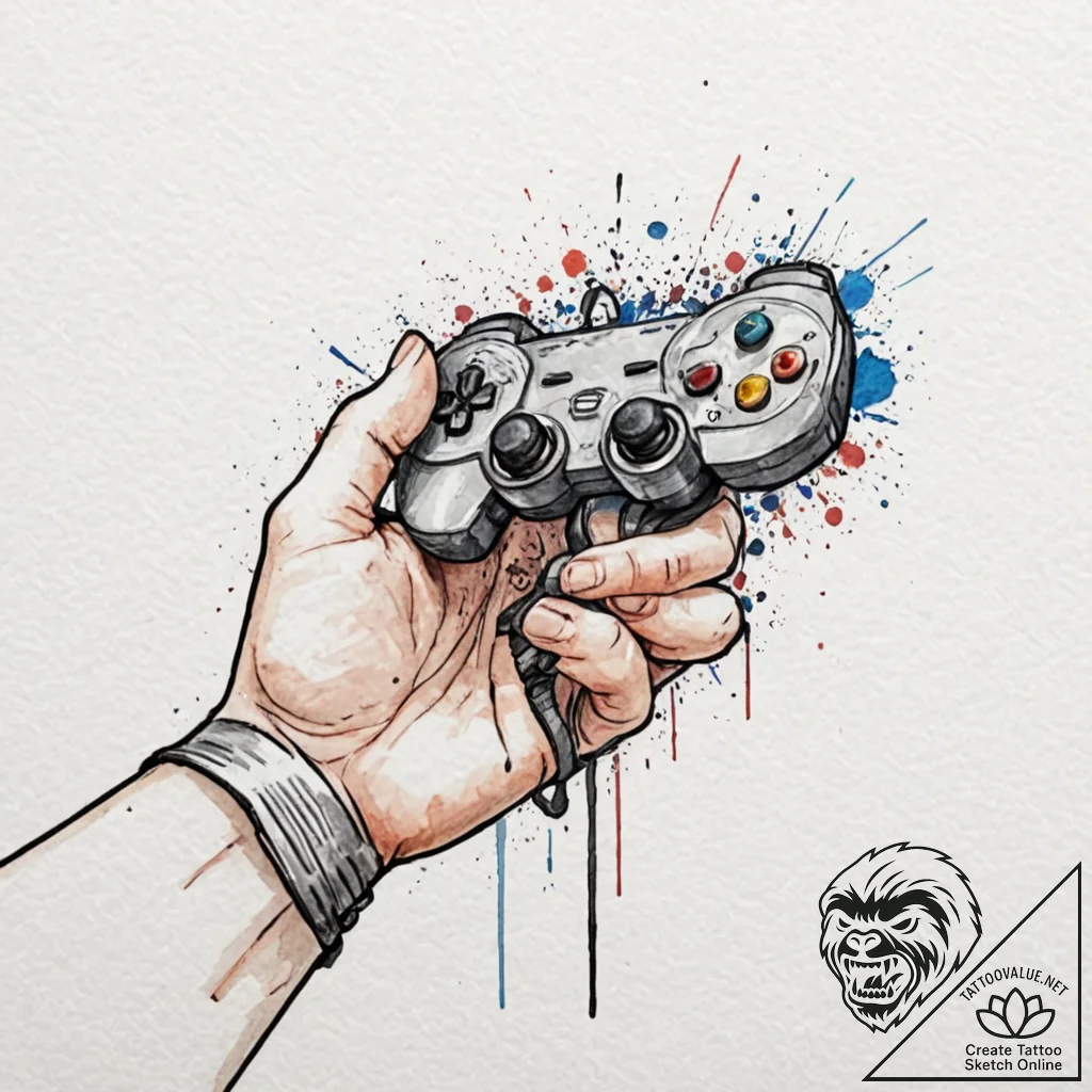 Tattoo sketch a cybernetic hand holding a gam... - tattoo sketch (№1752673623_0, 16.07.2025 13:47) — tattoovalue.net