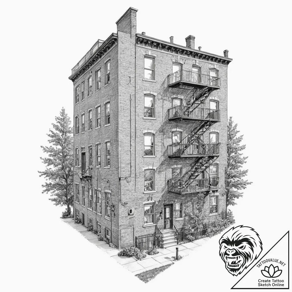 A fire escape on the side of a classic brick... - tattoo sketch (№1752673941_0, 16.07.2025 13:52) — tattoovalue.net