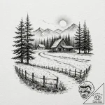 A linework tattoo of the mysterious farm from… – tattoo sketch (№1752675055_0, 16.07.2025 14:10) — tattoovalue.net