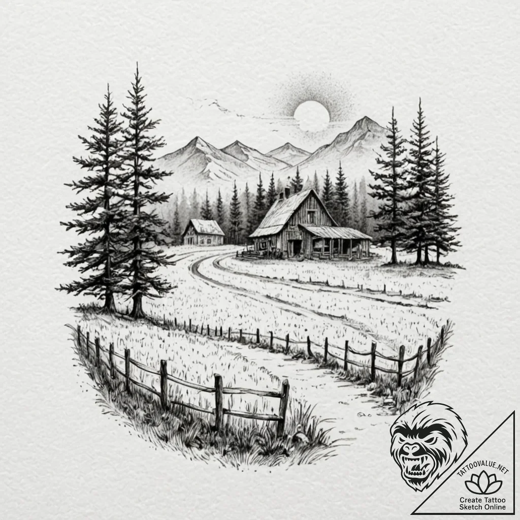 A linework tattoo of the mysterious farm from... - tattoo sketch (№1752675055_0, 16.07.2025 14:10) — tattoovalue.net