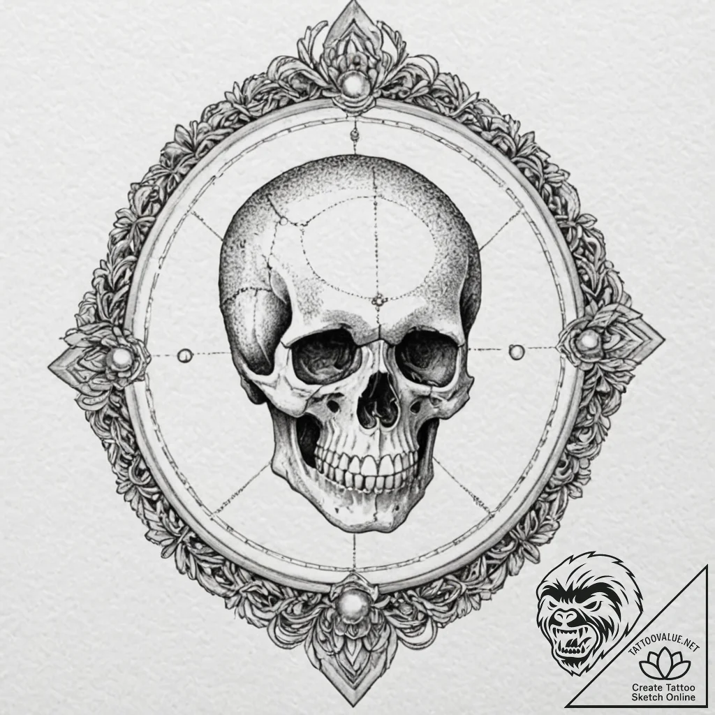 Skull in mirror, tattoo line art, on a clean... - tattoo sketch (№1752676724_0, 16.07.2025 14:38) — tattoovalue.net