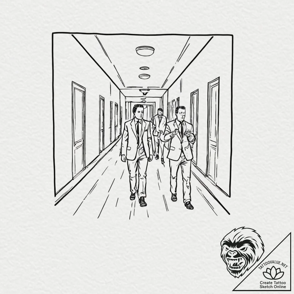 A graphic novel panel of the hallway fight sc... - tattoo sketch (№1752677646_0, 16.07.2025 14:54) — tattoovalue.net