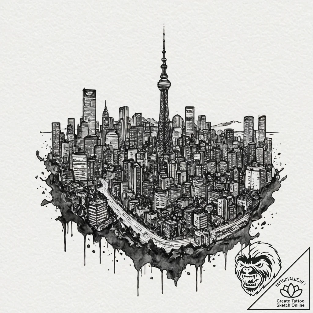 A watercolor tattoo of the tokyo skyline at n... - tattoo sketch (№1752679426_0, 16.07.2025 15:23) — tattoovalue.net