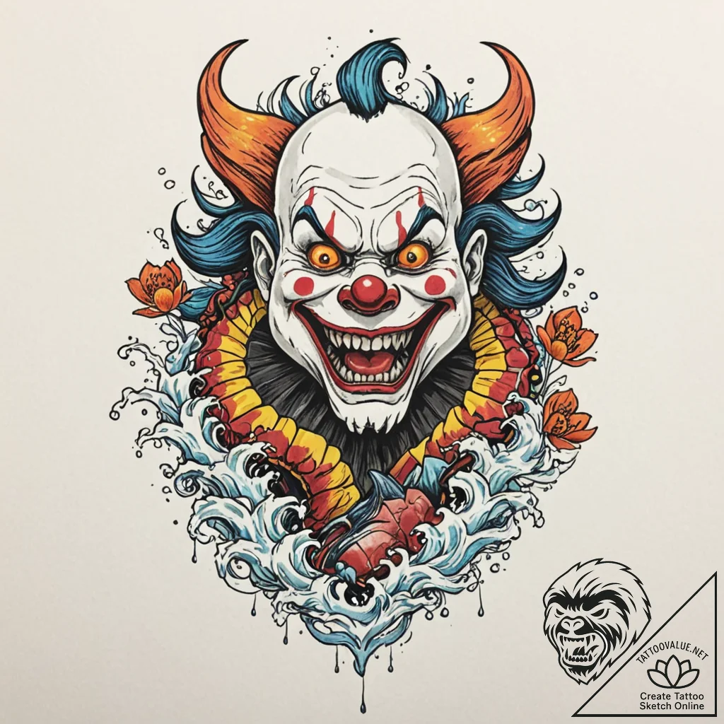 A neo-traditional tattoo of the clown from cl... - tattoo sketch (№1752680365_0, 16.07.2025 15:39) — tattoovalue.net