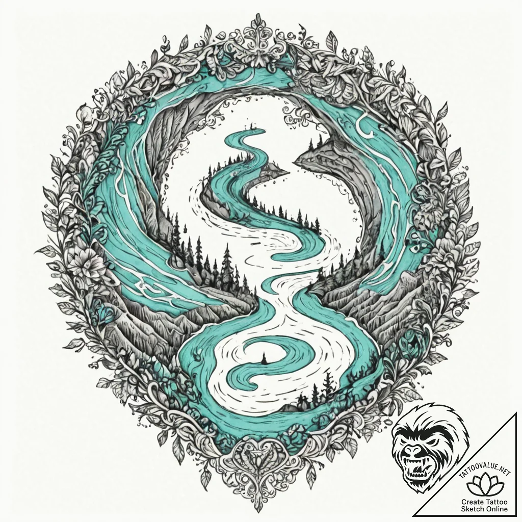 An aerial drone shot of a vibrant turquoise r... - tattoo sketch (№1752680442_0, 16.07.2025 15:40) — tattoovalue.net