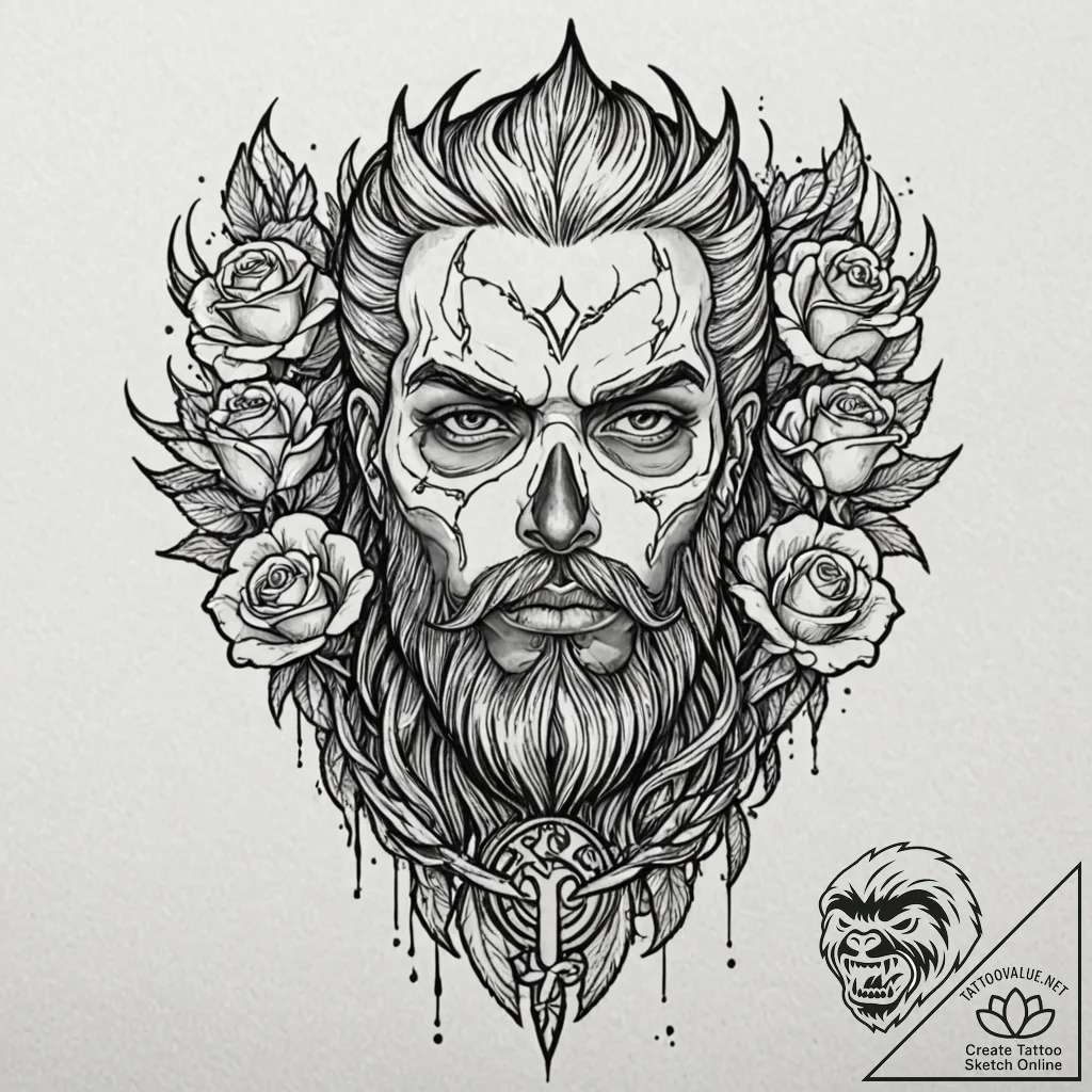 Tattoo design: a fierce portrait of perun, wi... - tattoo sketch (№1752681220_0, 16.07.2025 15:53) — tattoovalue.net