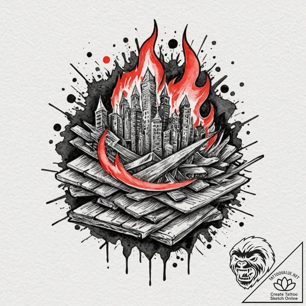 A watercolor sketch of cintra on fire,, tatto... - tattoo sketch (№1752681453_0, 16.07.2025 15:57) — tattoovalue.net