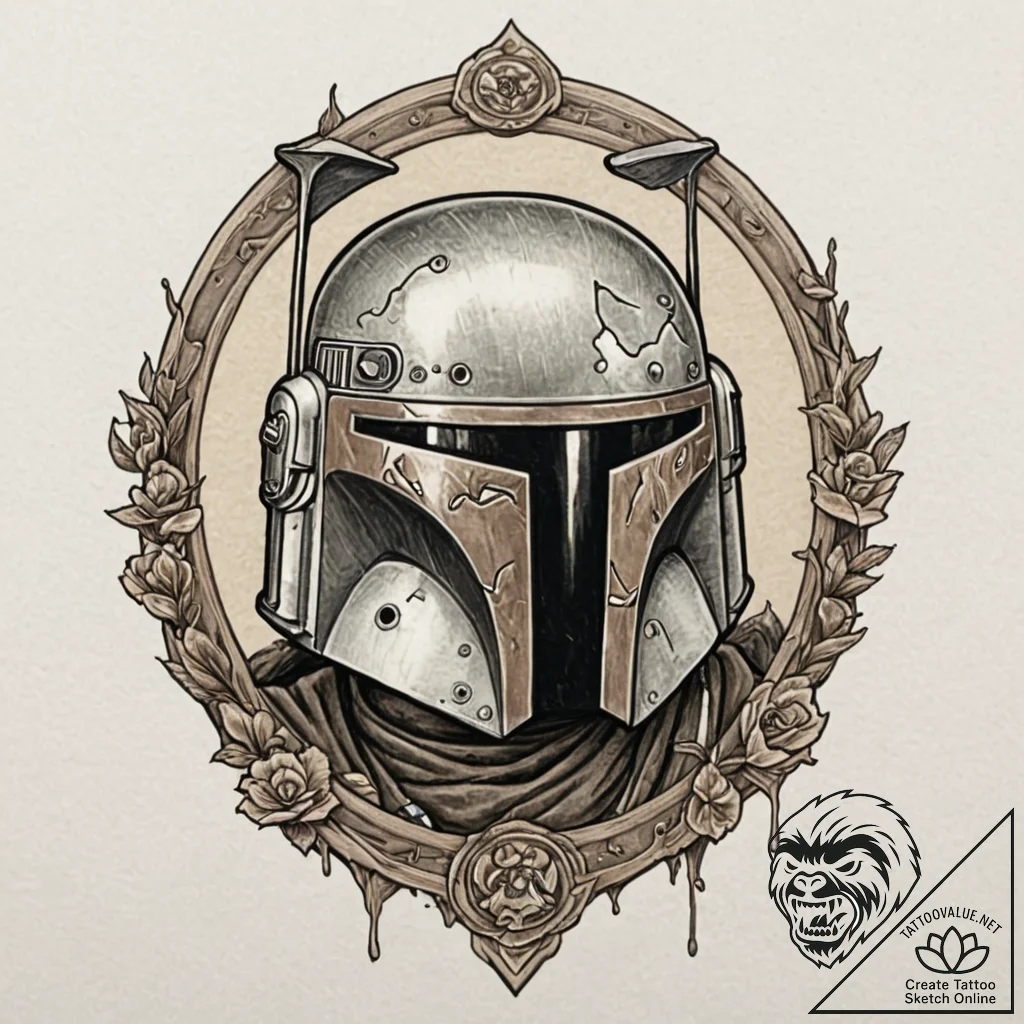 Neo-traditional tattoo sketch of boba fett's... - tattoo sketch (№1752681921_0, 16.07.2025 16:05) — tattoovalue.net