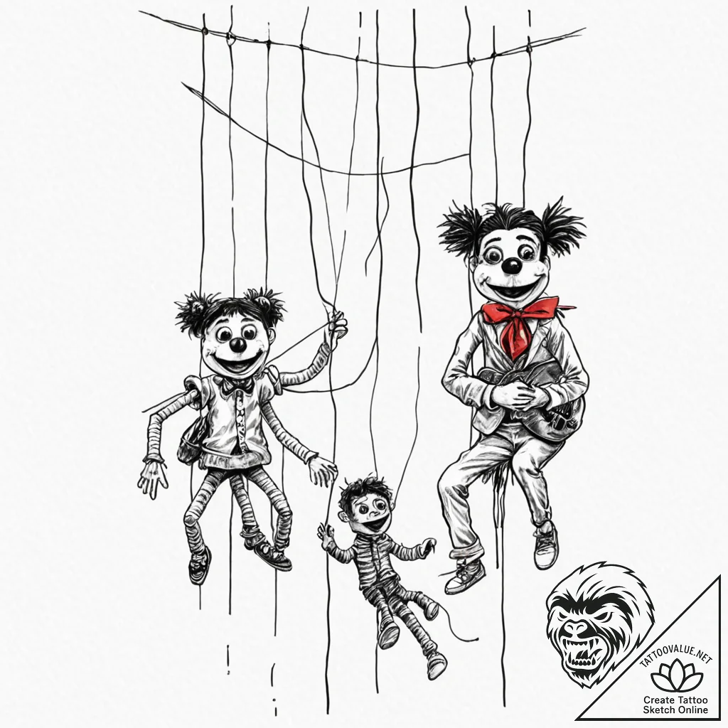 Strings with puppets, artistic tattoo sketch,... - tattoo sketch (№1752682081_0, 16.07.2025 16:08) — tattoovalue.net