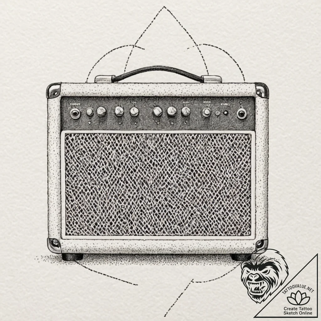 A close-up of a guitar amplifier, showing the... - tattoo sketch (№1752682233_0, 16.07.2025 16:10) — tattoovalue.net