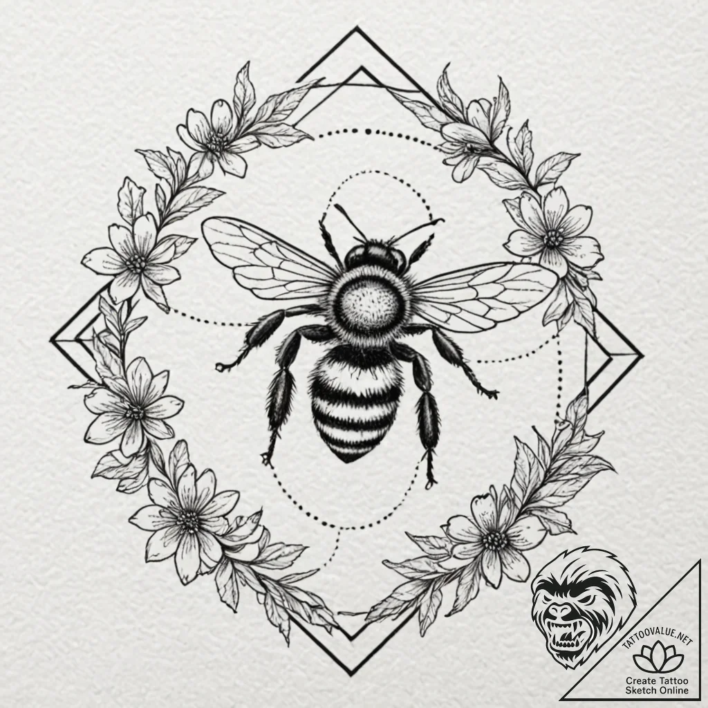 Tattoo sketch a delicate bee buzzing around a... - tattoo sketch (№1752683094_0, 16.07.2025 16:24) — tattoovalue.net