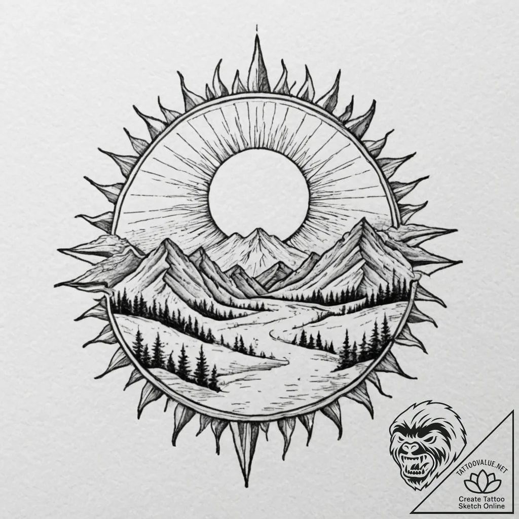 Tattoo sketch a sun rising over a mountain ra... - tattoo sketch (№1752684051_0, 16.07.2025 16:40) — tattoovalue.net