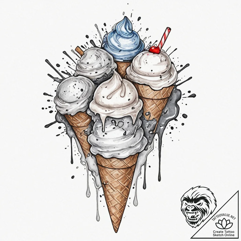 Ice cream, artistic tattoo sketch, black and... - tattoo sketch (№1752684578_0, 16.07.2025 16:49) — tattoovalue.net
