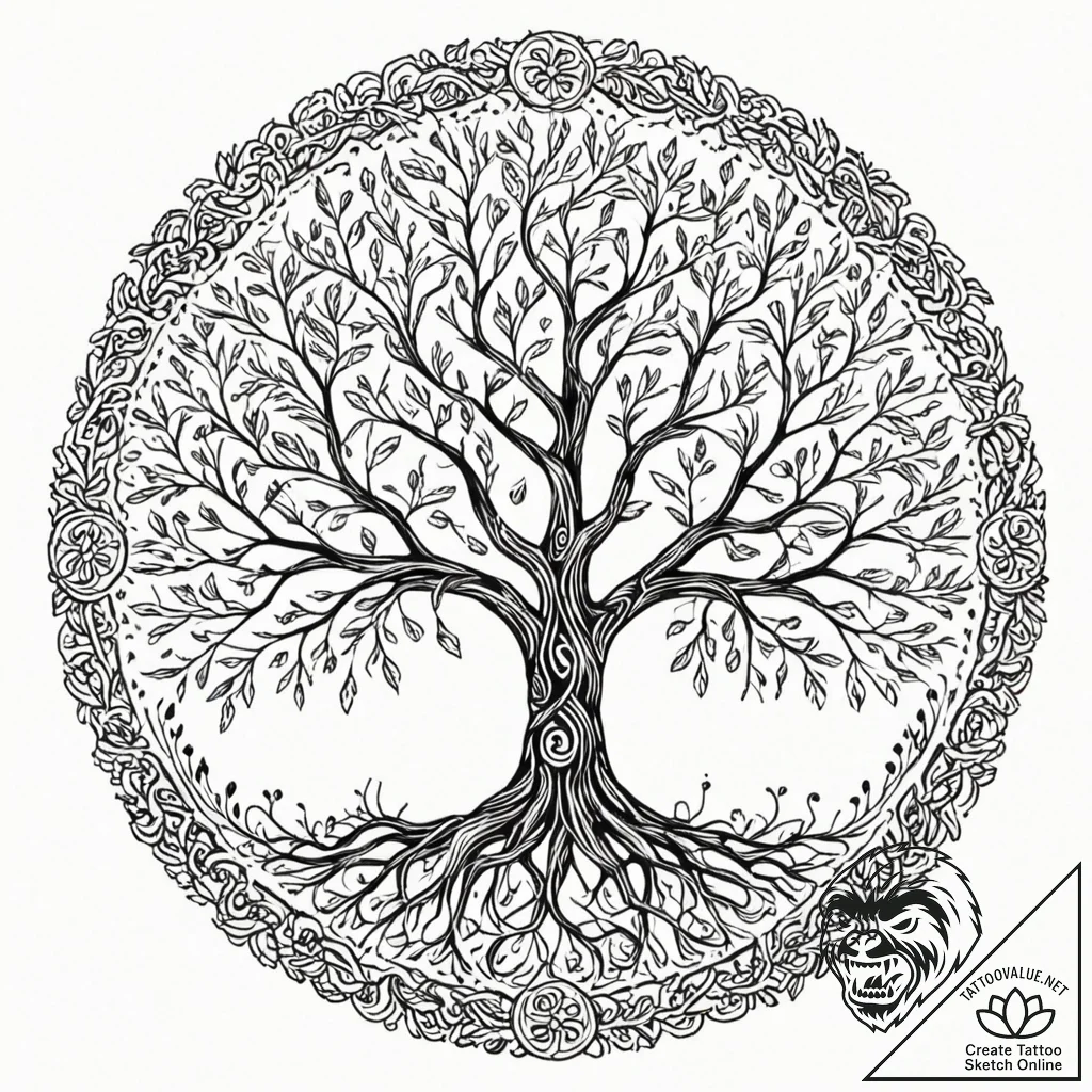 A graphic tattoo design featuring the tree of... - tattoo sketch (№1752684823_0, 16.07.2025 16:53) — tattoovalue.net