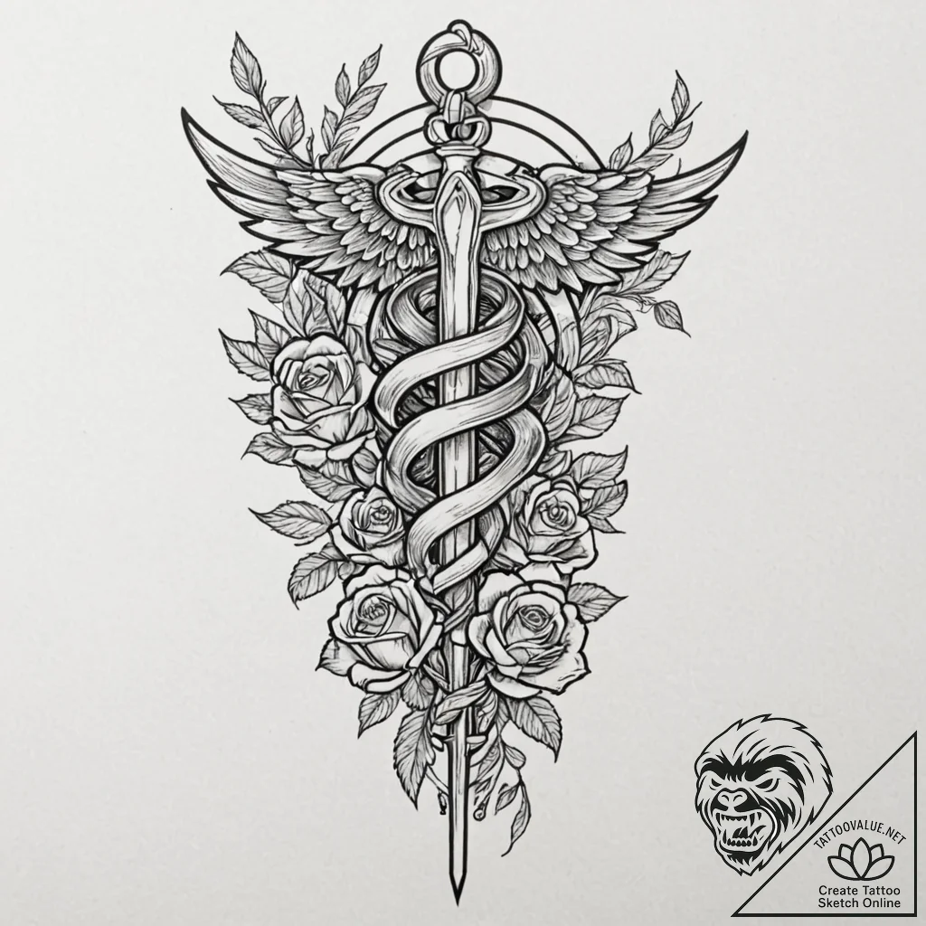 Tattoo sketch a military medic's caduceus int... - tattoo sketch (№1752685553_0, 16.07.2025 17:05) — tattoovalue.net
