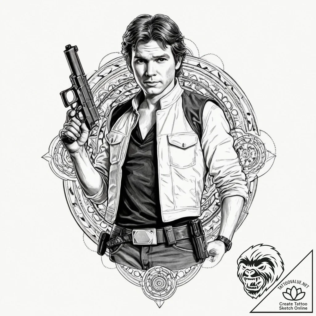 18. neo-traditional portrait of han solo, wit... - tattoo sketch (№1752685881_0, 16.07.2025 17:11) — tattoovalue.net