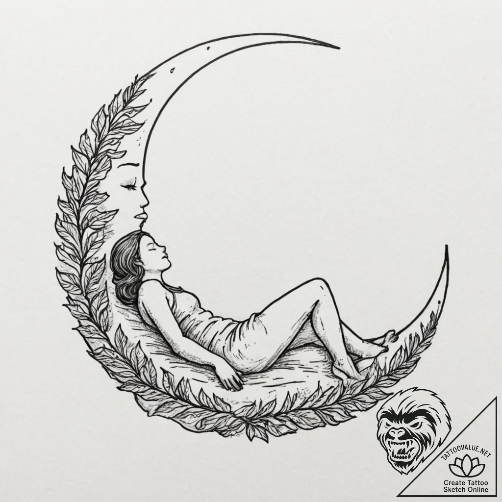 Tattoo sketch a crescent moon with a figure s... - tattoo sketch (№1752686375_0, 16.07.2025 17:19) — tattoovalue.net