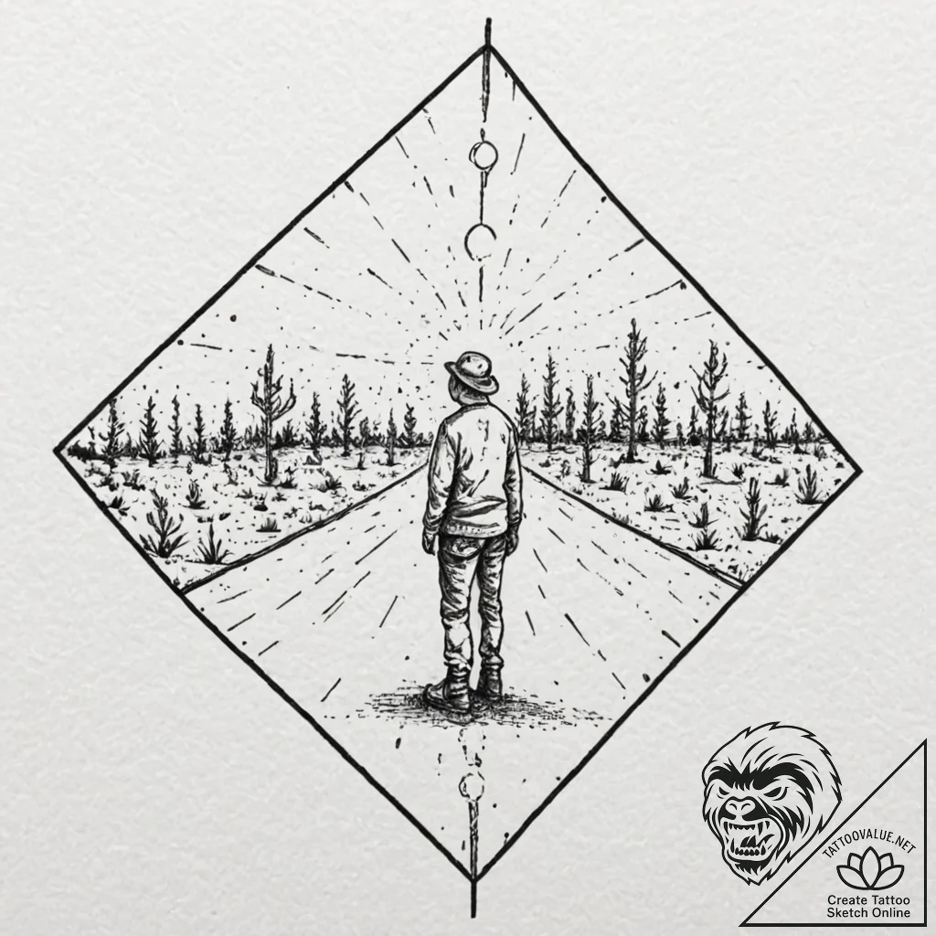 Tattoo sketch a lone figure standing at the c... - tattoo sketch (№1752686618_0, 16.07.2025 17:23) — tattoovalue.net