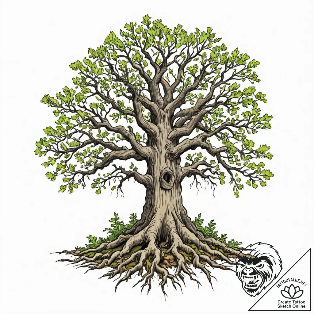 Tattoo sketch a gnarled, ancient oak tree wit... - tattoo sketch (№1752686783_0, 16.07.2025 17:26) — tattoovalue.net