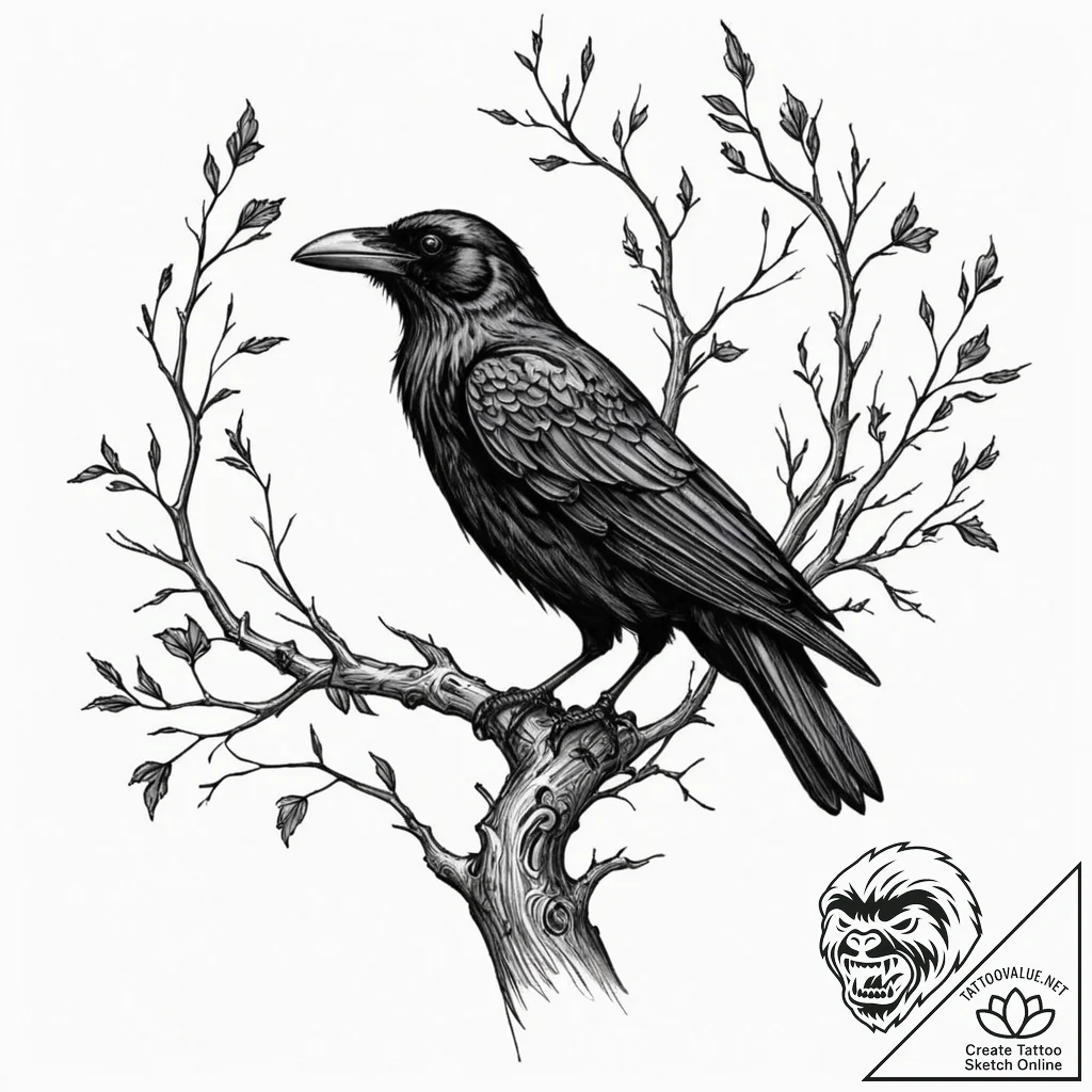 Tattoo sketch a raven or crow perched on a gn... - tattoo sketch (№1752686947_0, 16.07.2025 17:29) — tattoovalue.net