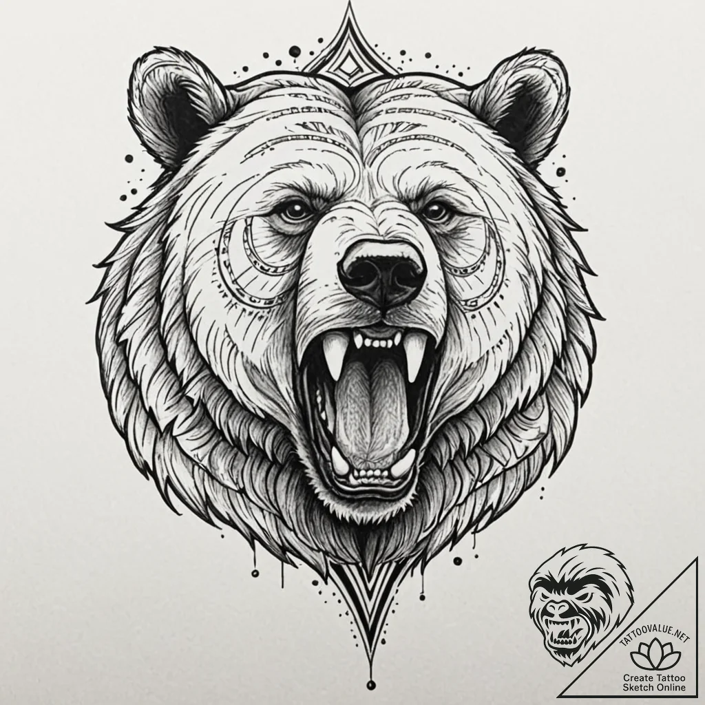 Tattoo sketch a bear's head roaring, with tri... - tattoo sketch (№1752687357_0, 16.07.2025 17:35) — tattoovalue.net