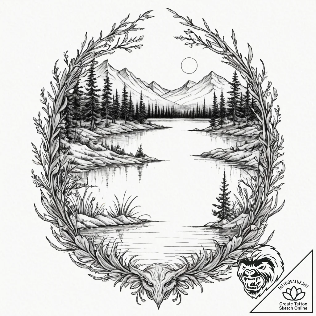 Tattoo design a calm lake with a fantasy crea... - tattoo sketch (№1752687439_0, 16.07.2025 17:37) — tattoovalue.net