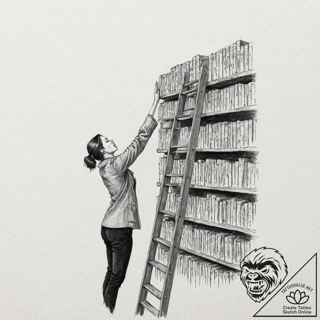 Photo of a librarian on a ladder, reaching fo... - tattoo sketch (№1752688658_0, 16.07.2025 17:57) — tattoovalue.net